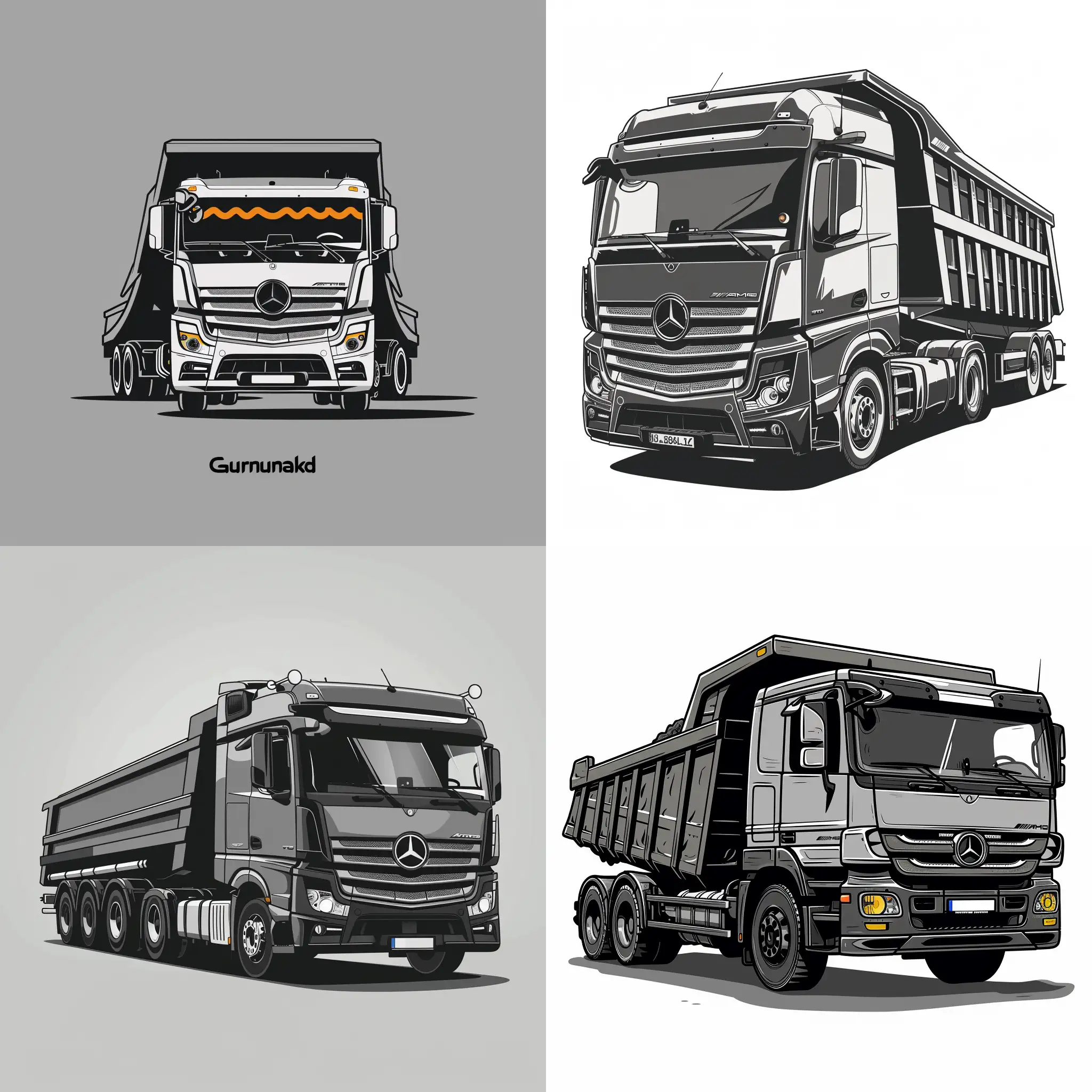 Vector Logo, large Mercedes truck with dump semi-trailer from Grunwald, driving forward, side view, minimalism, vector style