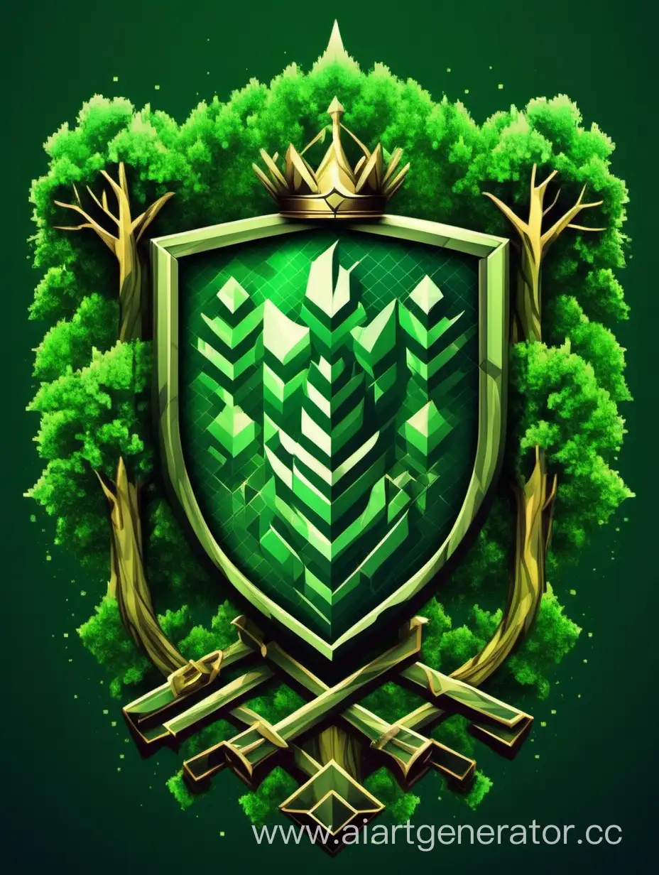 beautiful clan coat of arms, with abstraction on the theme of forests, pixels, emerald forest, clan, guild