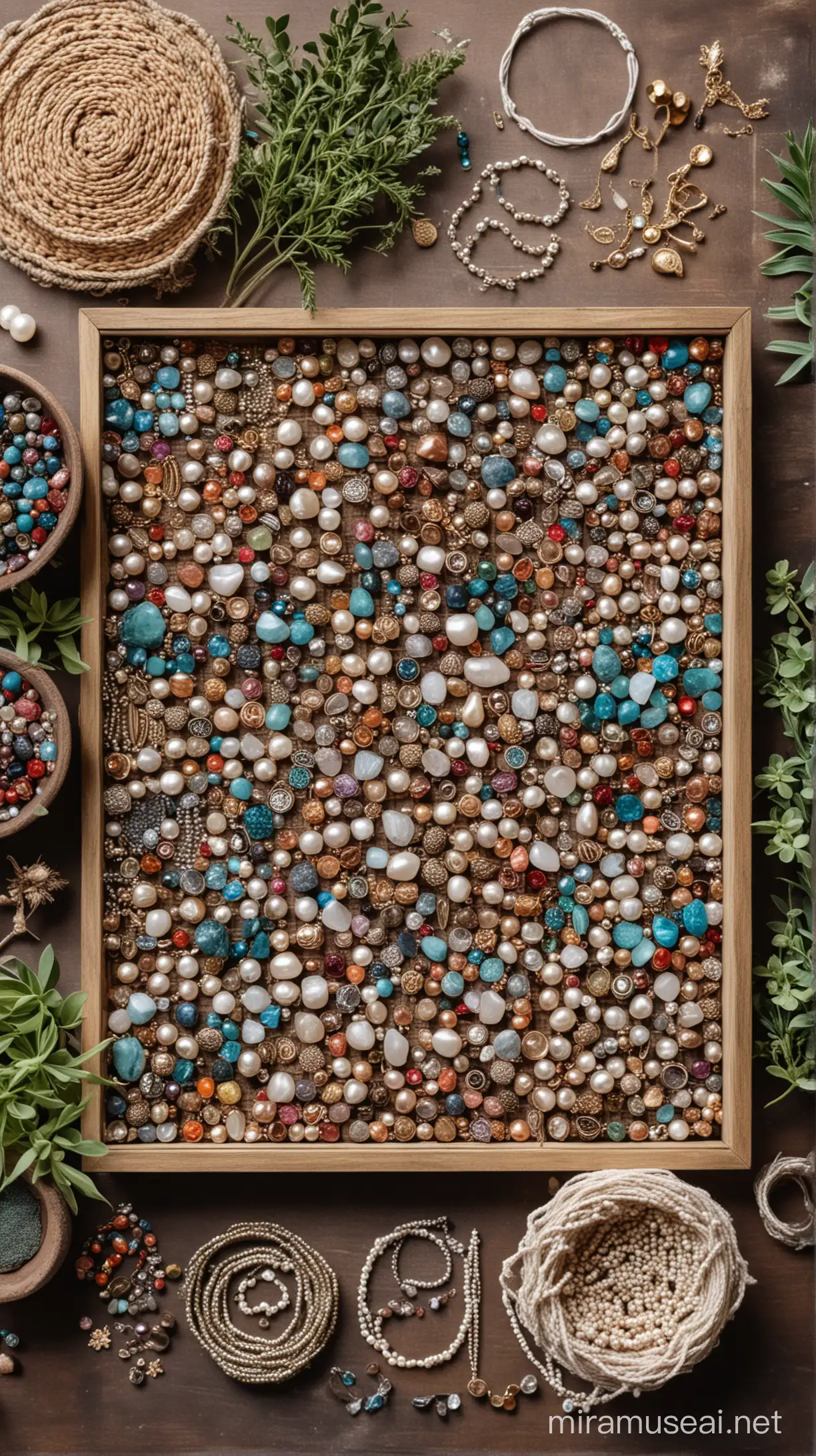 a real photo. top down. table full of jewelrys, earrings, bracelets. boxes and few plantes. A work table for jewelrys, pearls and beads for jewelry making. Colorful. boho style


