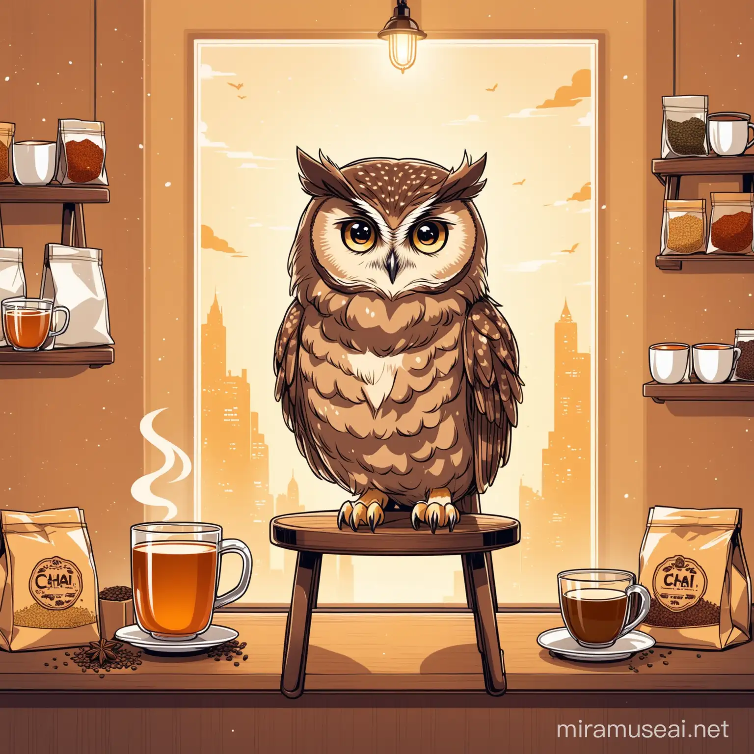 An owl, on a barstool, with a cup of tea, chai spices in open bags around the background, in a simple art style
