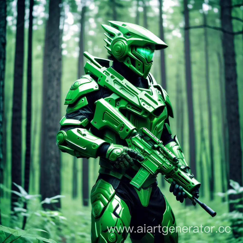 мужчина в зелёной футуристичной броне с винтовкой на фоне леса