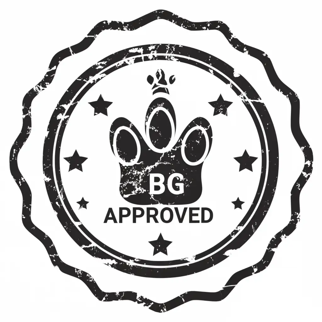 a logo design,with the text "BG Approved", main symbol:White pawprint on black background with stamp font,Moderate,clear background