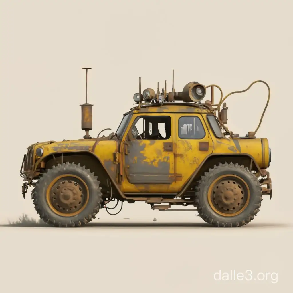 (((Profile view)))  (((white background)))  (((side view)))  (((no background)))  (((Profile view)))  (((white background)))  a yellow post apocalyptic vehicle, gritty and dirty, naturally rusted ((Profile view)))   (((white background)))  (((side view)))  (((no background)))  (((Profile view)))  (((white background)))