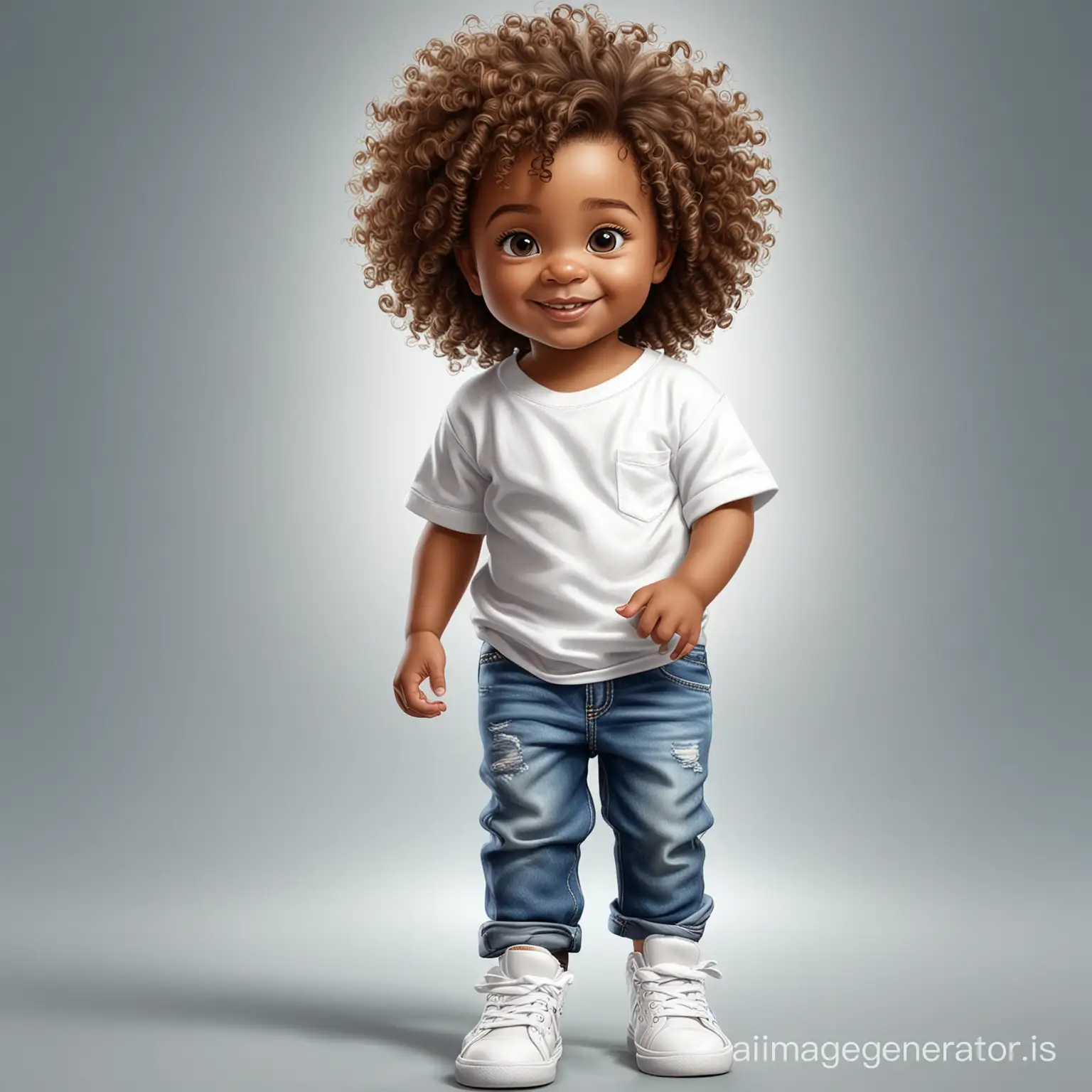 a digtial airbrush illustration african-american 3yr old little boy with silky curly hair and ligth brown eyes and a dimples wearing a white t- shirt and blue jeans and white sneakers
