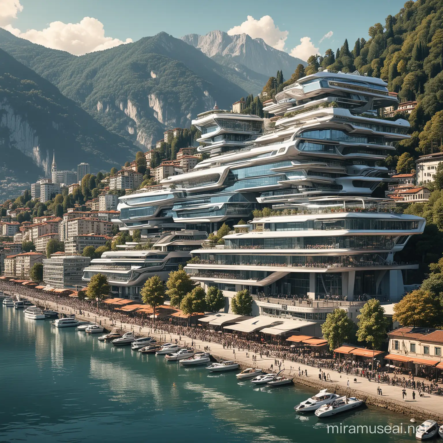 Disegnami Lugano futuristica, anno 2124 con palazzi hi-tech e sci-fi