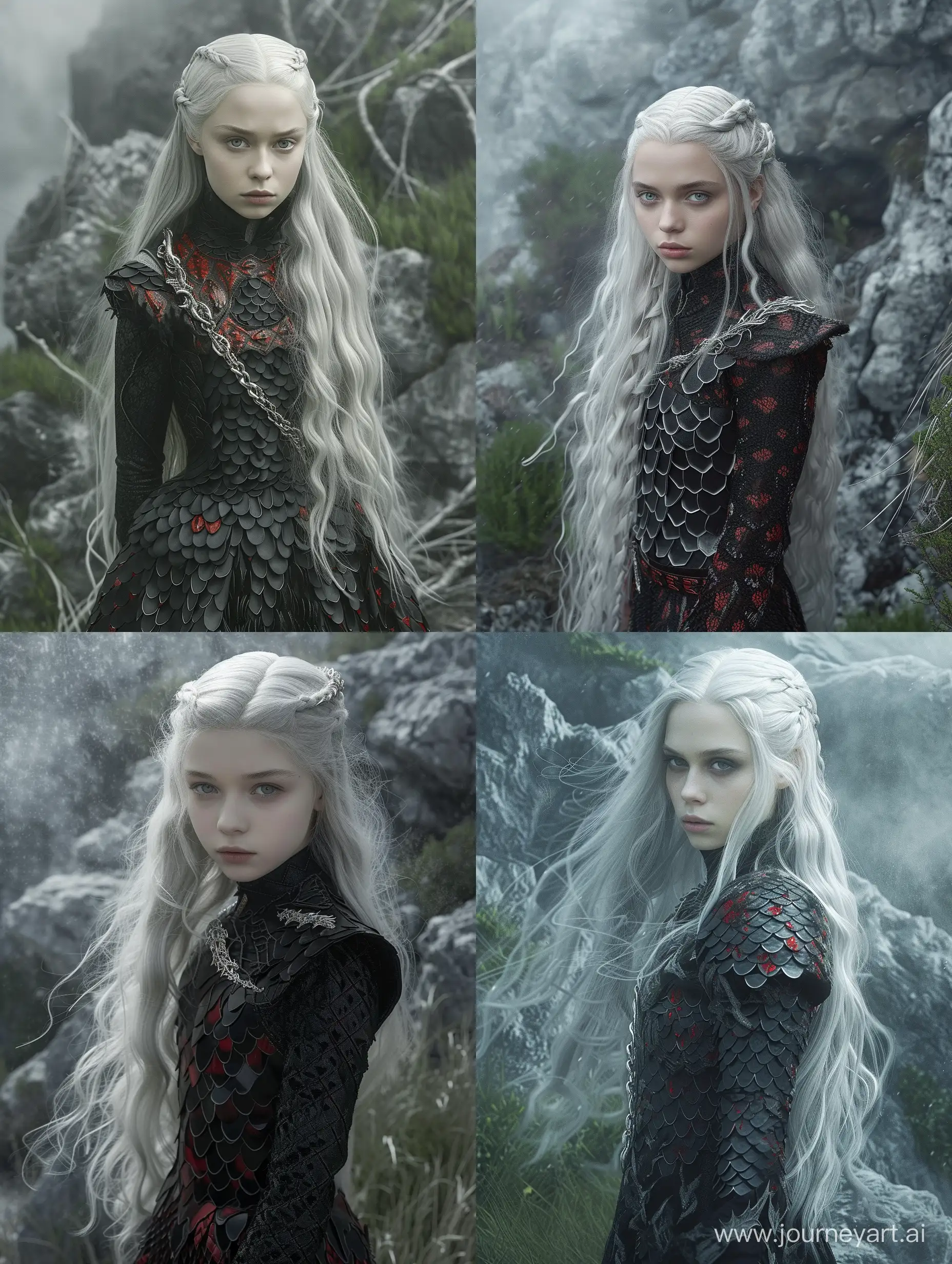 Actress Mia Goth is a Targaryen girl, she has long snow-white hair and gray eyes, dressed in a black dragon scale dress with red and silver patterns, against a background of gray rocks with green vegetation and grass, shrouded in fog, gray light and gloomy style