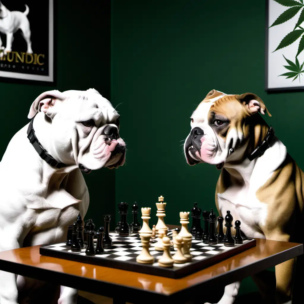 Two American bulldogs,  sitting at a table playing chess, in a music studio, with cannabis spliffs in their mouths