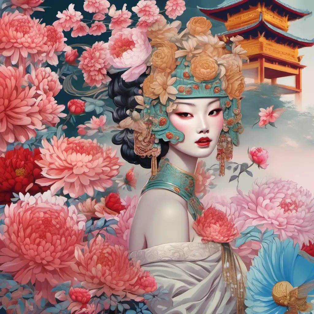 Asian Elegance Lady Adorned with Chrysanthemums Roses Peonies and Pagoda Headdress