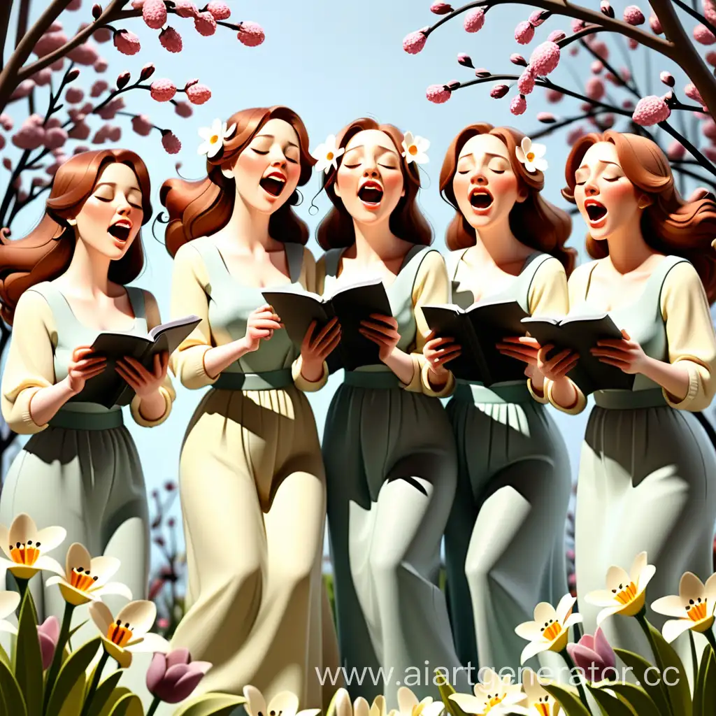 Harmonious-Spring-Serenade-by-Six-Women-Amidst-Blossoms