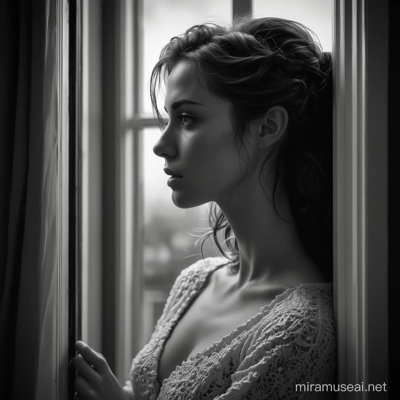 Pixel art, Aivision, , Black and white portrait of a woman with a dramatic expression holding , she is in profile and looks out the window anxiously  , dramatic atmosphere , dark and gloomy environment , image realistic , Extremely detailed , intricate , beautiful , fantastic view , elegant , crispy quality Federico Bebber's expressive