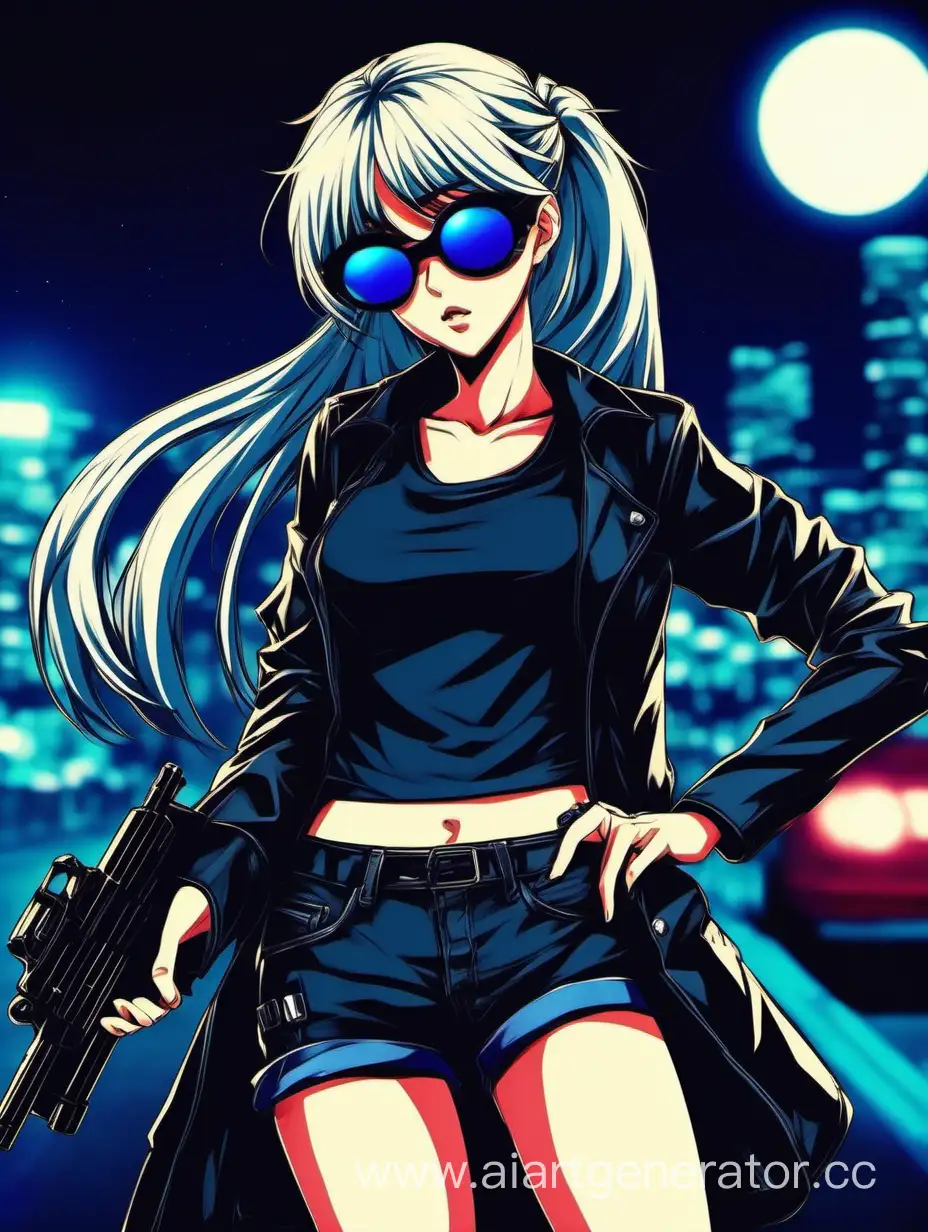 Анимэ девочка с хвостом светлые волосы голубые глаза в черном ретро с пистолетами  в солнцезащитных очках ночью

