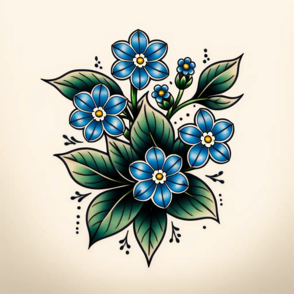 minimalist American traditional tattoo flash, forget me not flowers with blue petals and green leaves