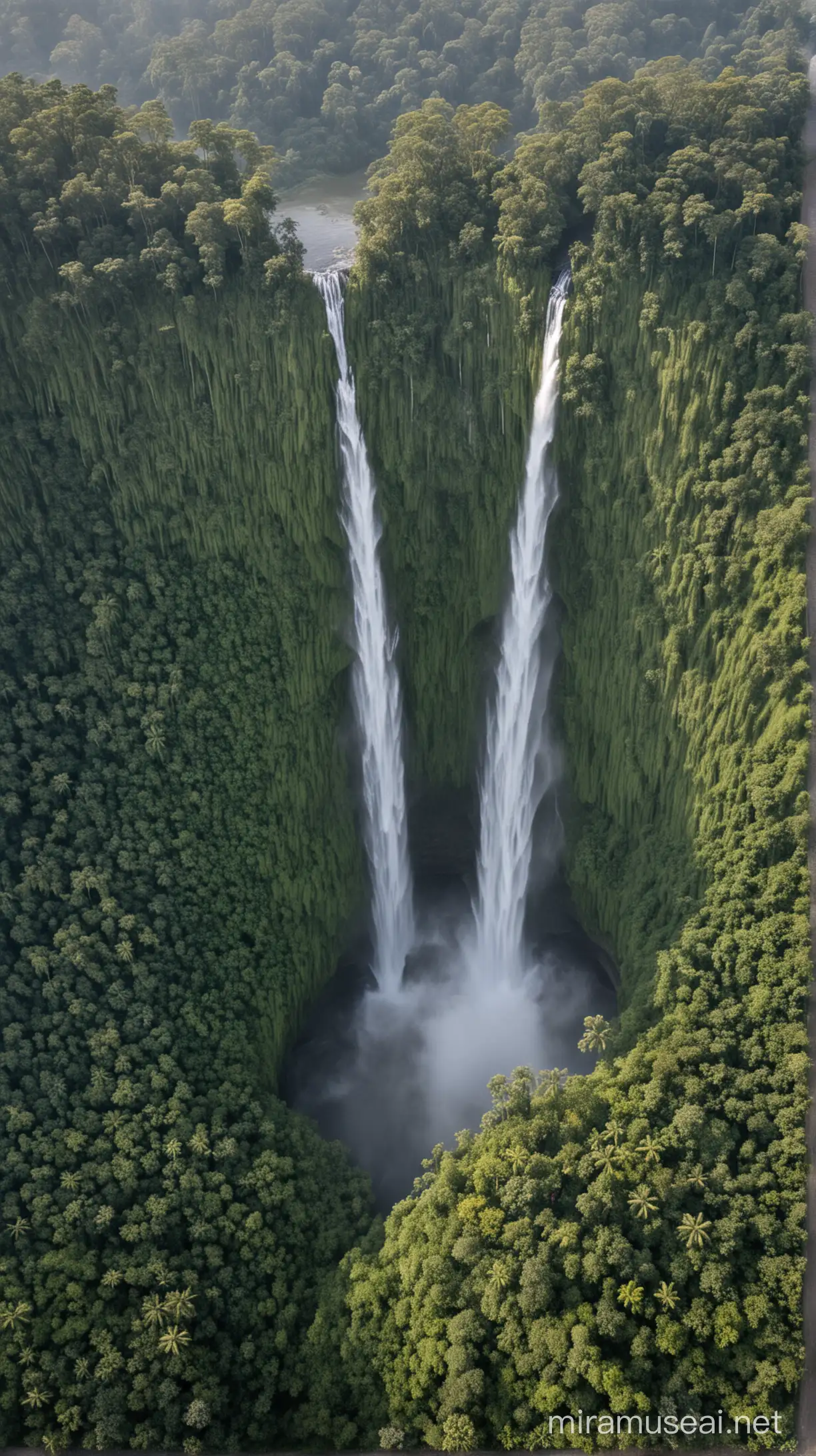drone view, tumpak sewu waterfall, morning mist