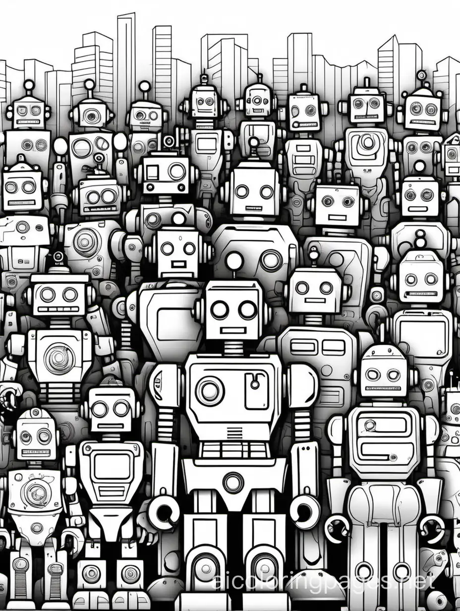 a lot of robots in an industry, Coloring Page, black and white, line art, white background, Simplicity, Ample White Space. The background of the coloring page is plain white to make it easy for young children to color within the lines. The outlines of all the subjects are easy to distinguish, making it simple for kids to color without too much difficulty