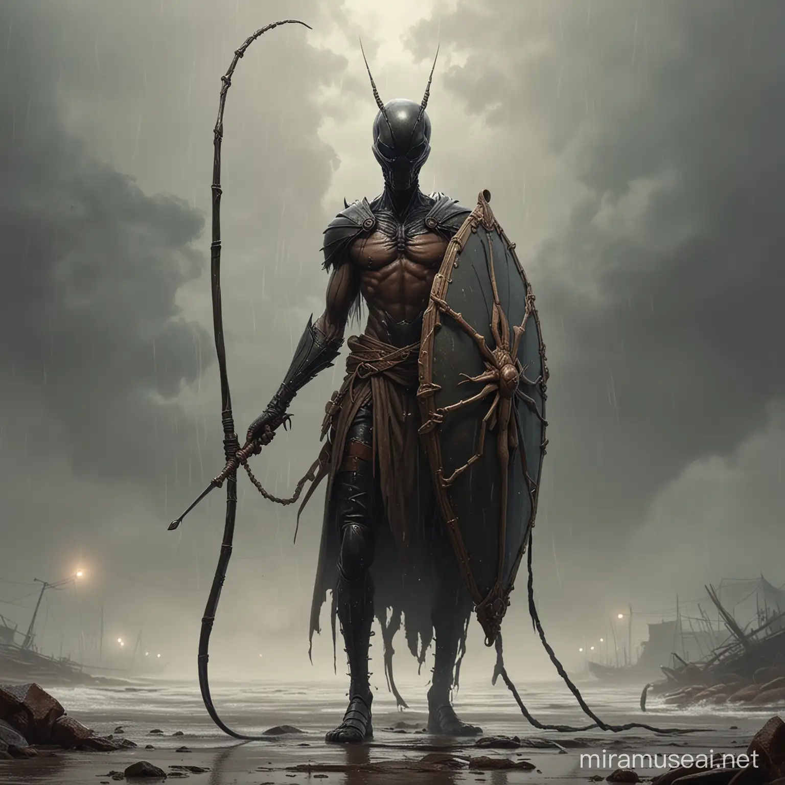 Tall Ant Creature with Chitin Shield and Whip in Stormy Fog