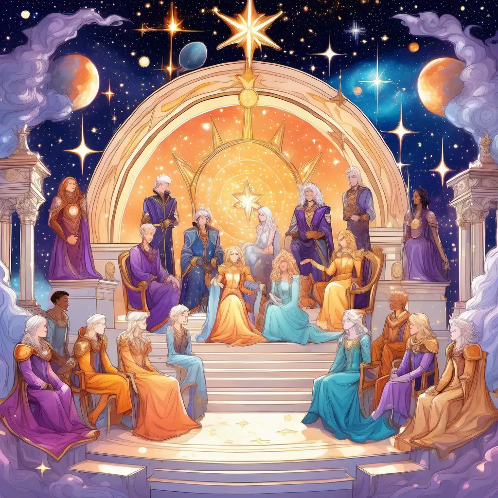 a celestial court based on stars, dreamy fantasy world, bright happy colors, blues, purples, yellows, stars, constellations, throne, court of peach skinned white haired people, nebulas, wonder, kingdom court