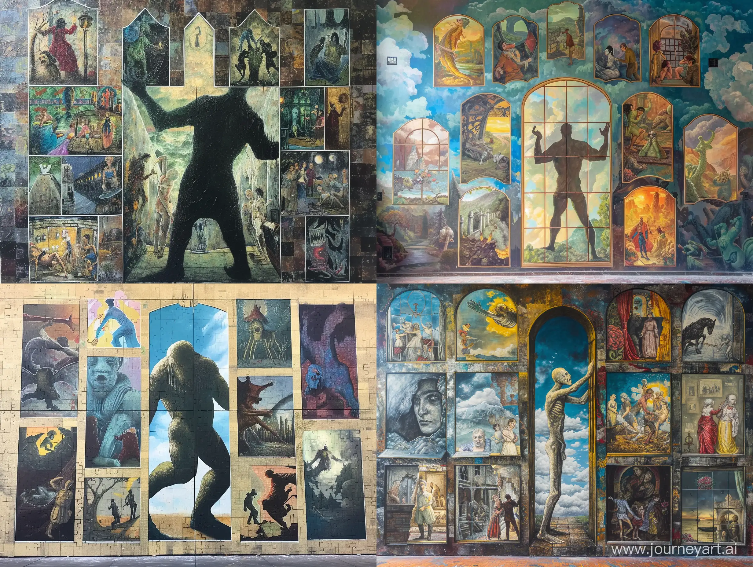 "Wall of Imagination": Create a mural depicting a giant figure opening a window to the imagination. Various scenes emerge from each window, from grotesque to mystical, showcasing the diversity of human dreams and desires.