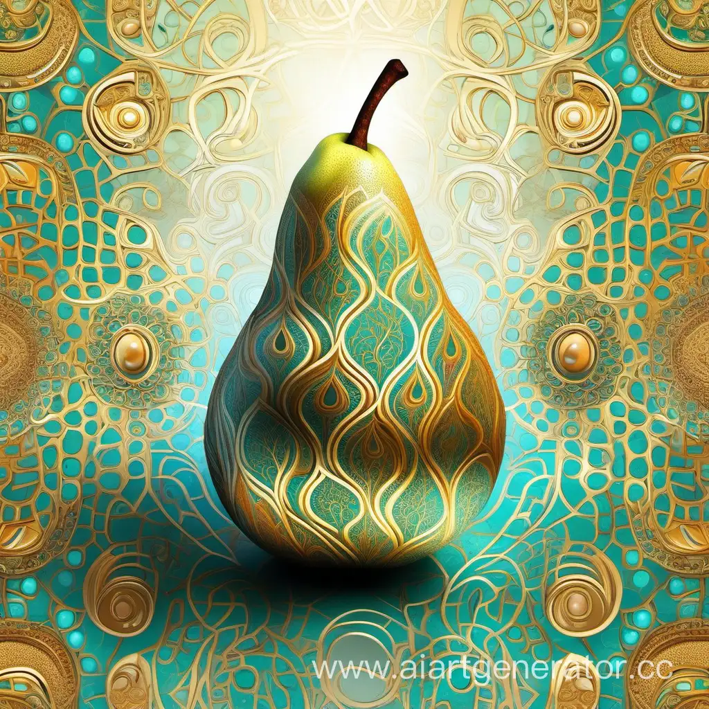 Enchanting-Fantasy-Pear-with-Intricate-Patterns-in-Golden-Turquoise-and-Beige