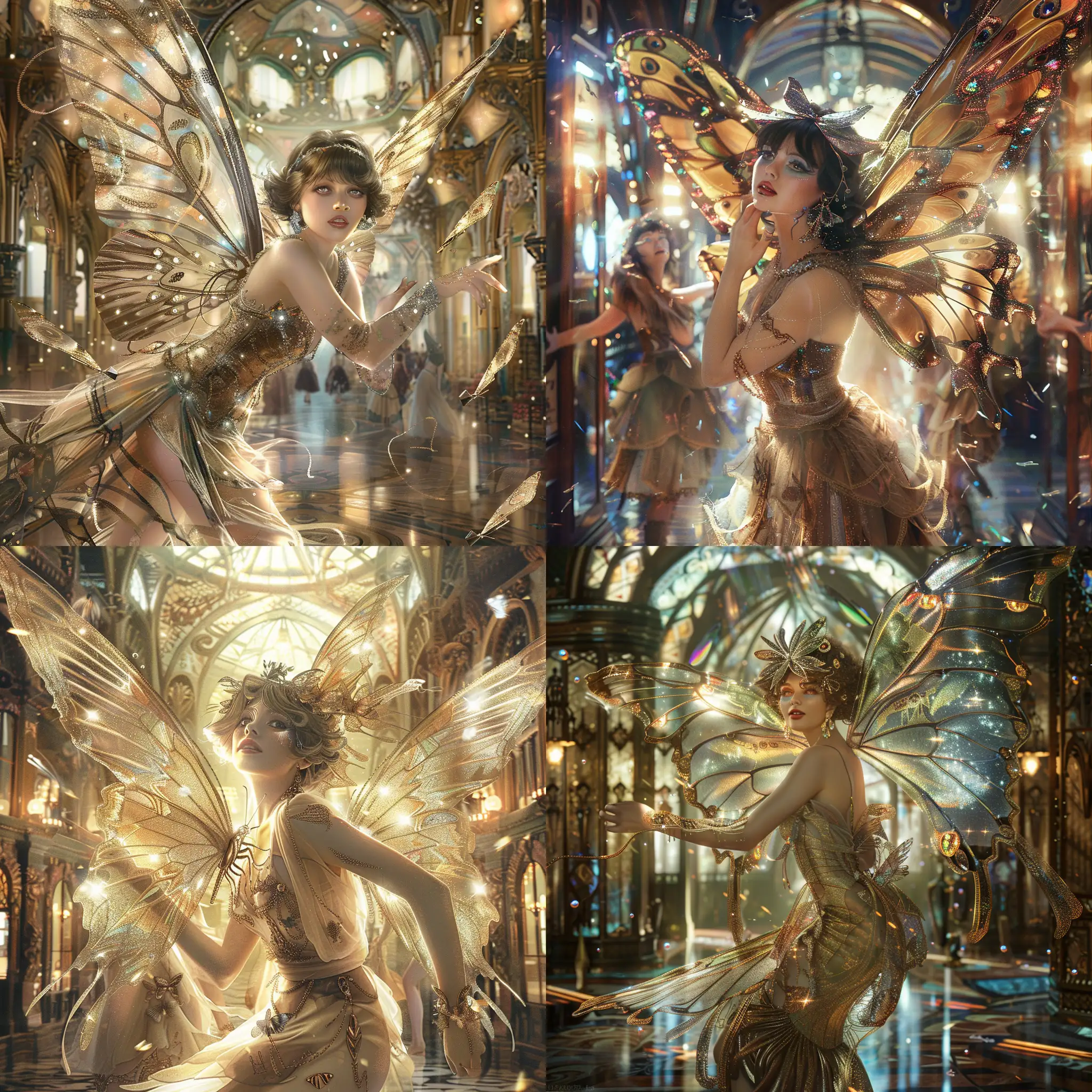 A highly detailed image of a beautiful 1920s flapper woman with shimmering butterfly wings. She is in a magical hall of mirrors and there are reflections of her all around the room. Beautiful magical fantasy mysterious etheral highly detailed