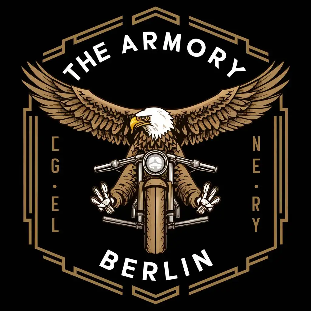 logo, Centerview of an Eagle carrying an motorcycle frontwheel in his claws in an art deco design, with the text "The Armory Berlin", typography, be used in Retail industry