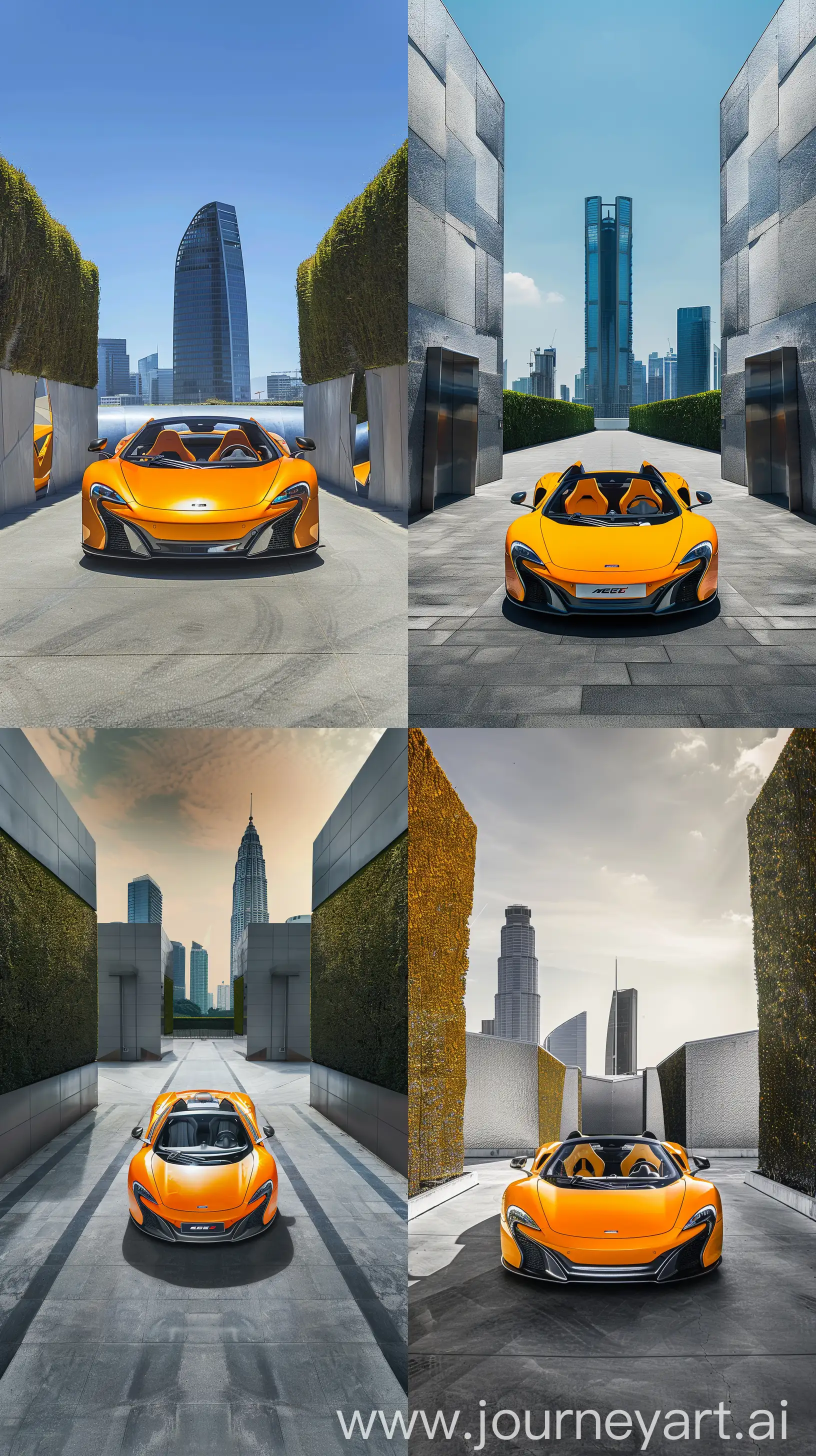 Wide elevated shot by the 24mm lens of the Mclarn 650s Spider bright orange color of golden, awareness of the bulge doors, in a spot hedged on the sides Two modern modern buildings of the future of ceramics of the same type, shape and color is silver gray and in the background appears a skyscraper, cinematic shot, product photography --ar 9:16 --s 0 --style raw --v 6 