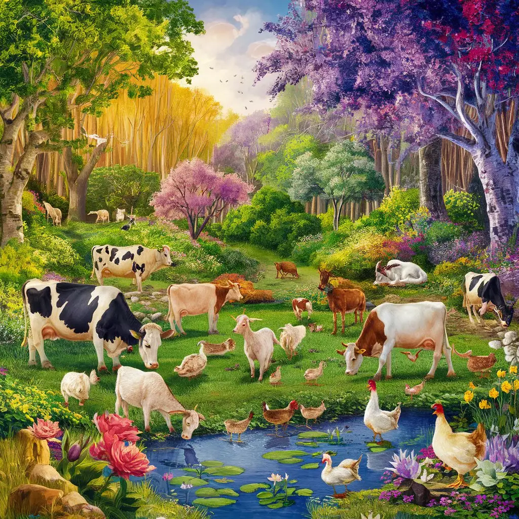 Vibrant Spring Forest Scene with Grazing Farm Animals