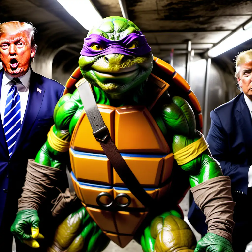 Donald Trump dressed as a teenage mutant ninja turtle, in a New York sewer, rats
