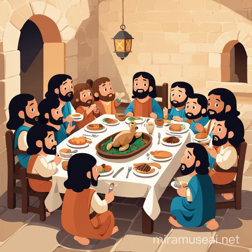 baby flat illustration of jesus eating dinner with his 12 friends, inside a house in jerusalem, 