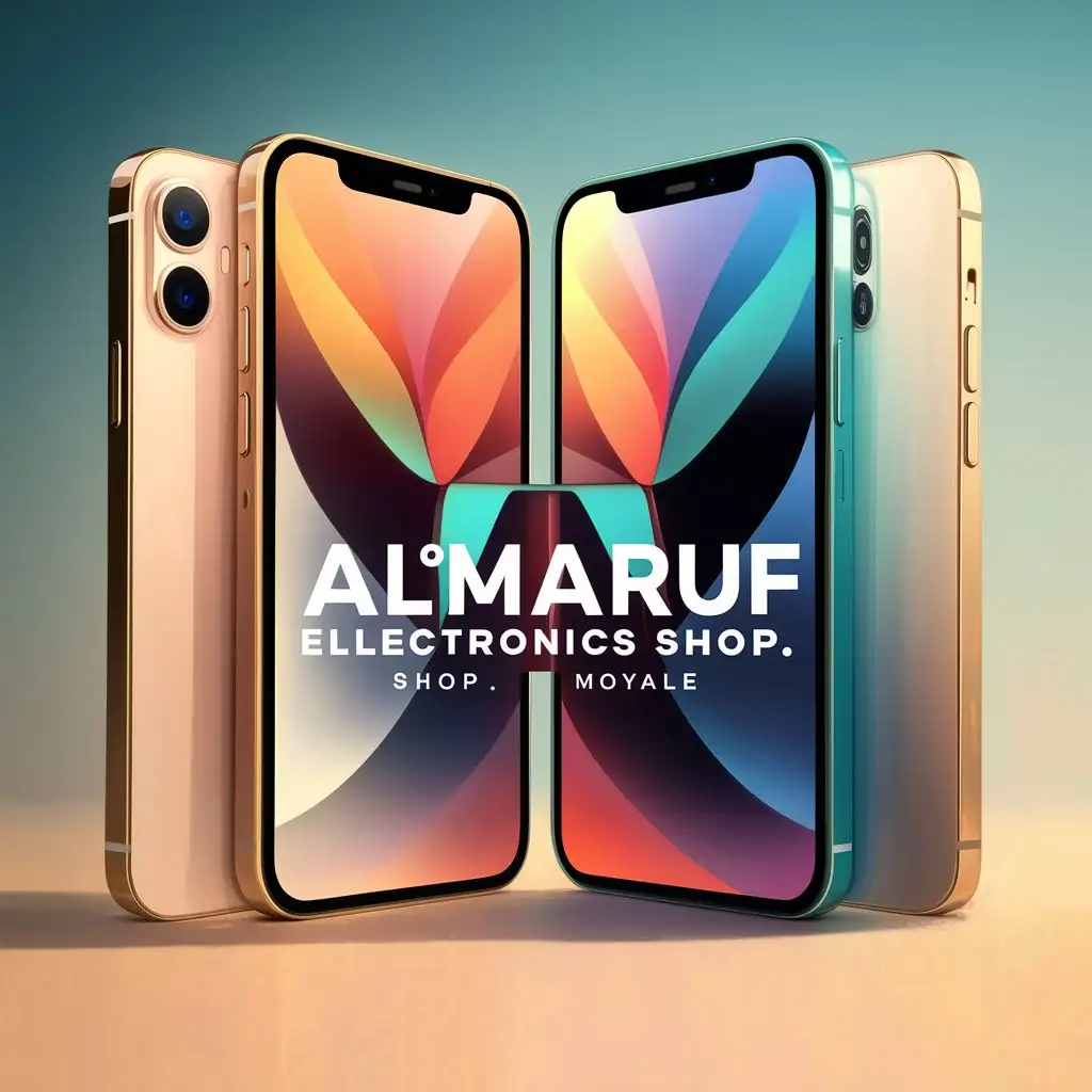 logo, Smartphones front and back view. Colourful, realistic and plain background, with the text "AL~MAARUF ELECTRONICS SHOP. MOYALE", typography, be used in Retail industry