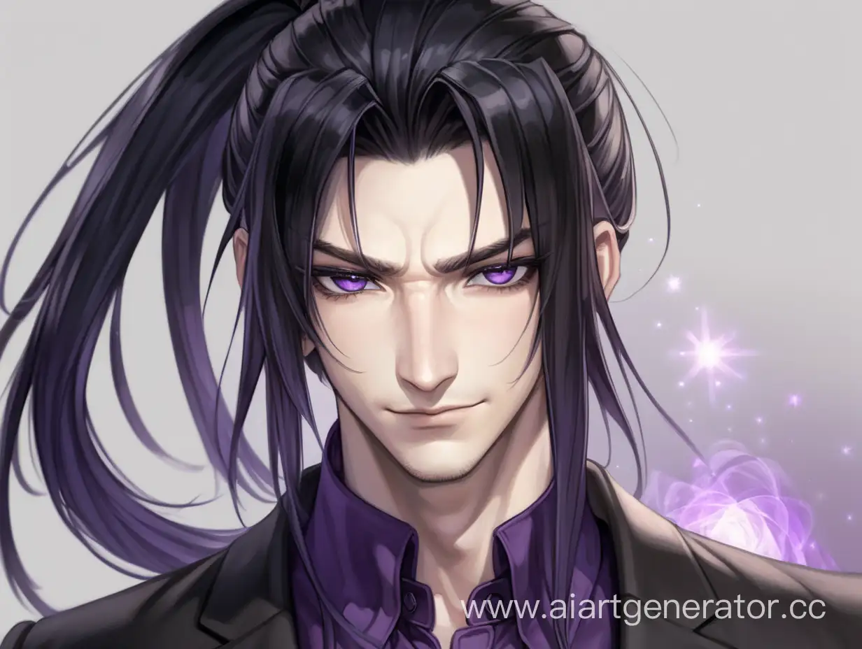 male, slightly disheveled black hair tied in a ponytail, light gray eyes, smirk, pale skin, dark clothes, purple magical aura