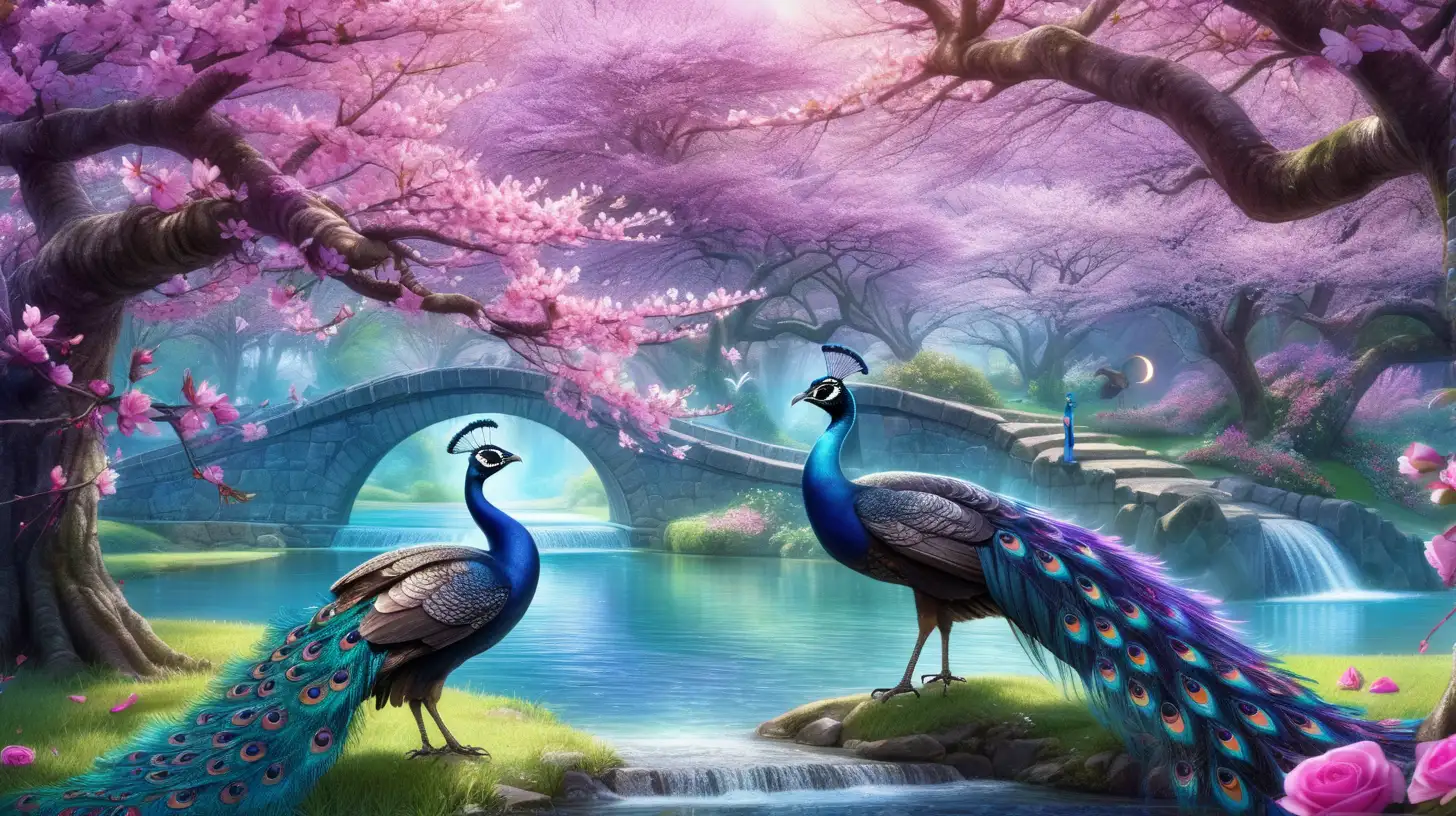 Big Black solar eclipse with two peacocks next to Magical-Fairytale cherry blossom trees and a fairytale water-stream of pink roses and path Bright-Purple-Blue-Green-Magenta
