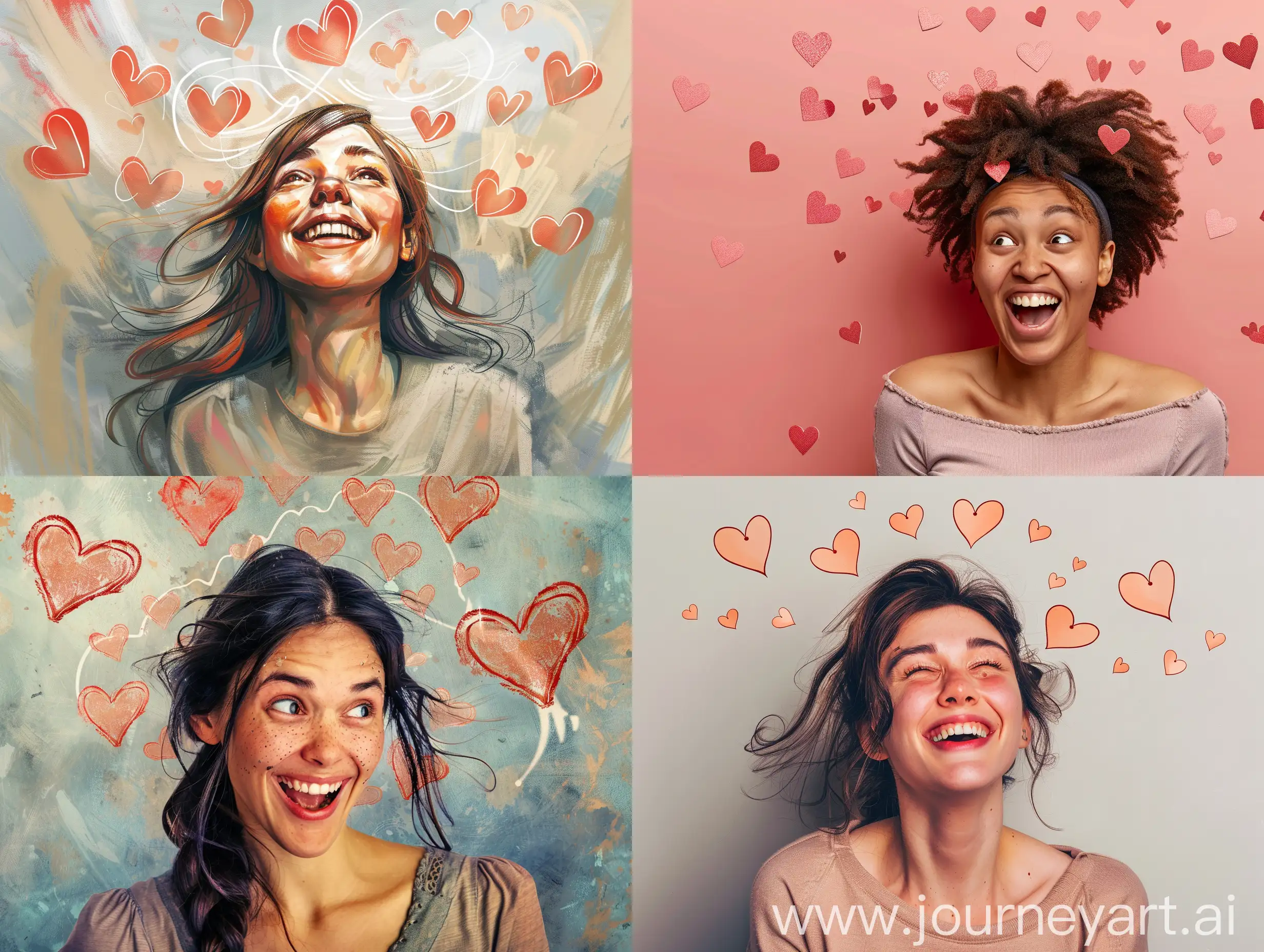 **portrait of a woman with an expression of joy and delight on her face and hearts swirling above her for valentine's day 