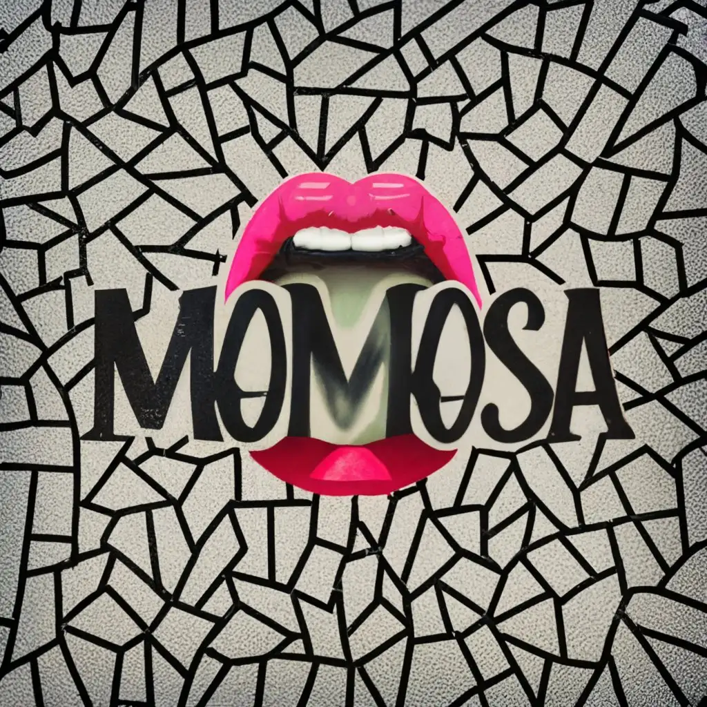 logo 8k UHD RENDER , SPRAY PAINT MOSAIC ANDY WARHOL INSIDE WOMEN LIPS , with the text "MOMOSA", photorealistic typography Using aspects from the most successful LOGO's , be used in Entertainment industry