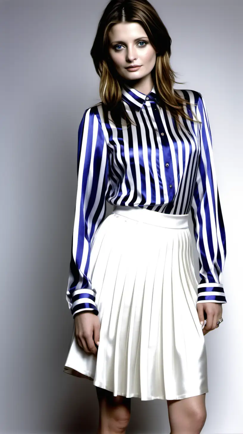 young Mischa Barton , mid length dark brown hair,  long sleeved  white and royal blue vertical striped stretch silky satin shirt blouse and white pleated skirt and white pump, in brightly white background 