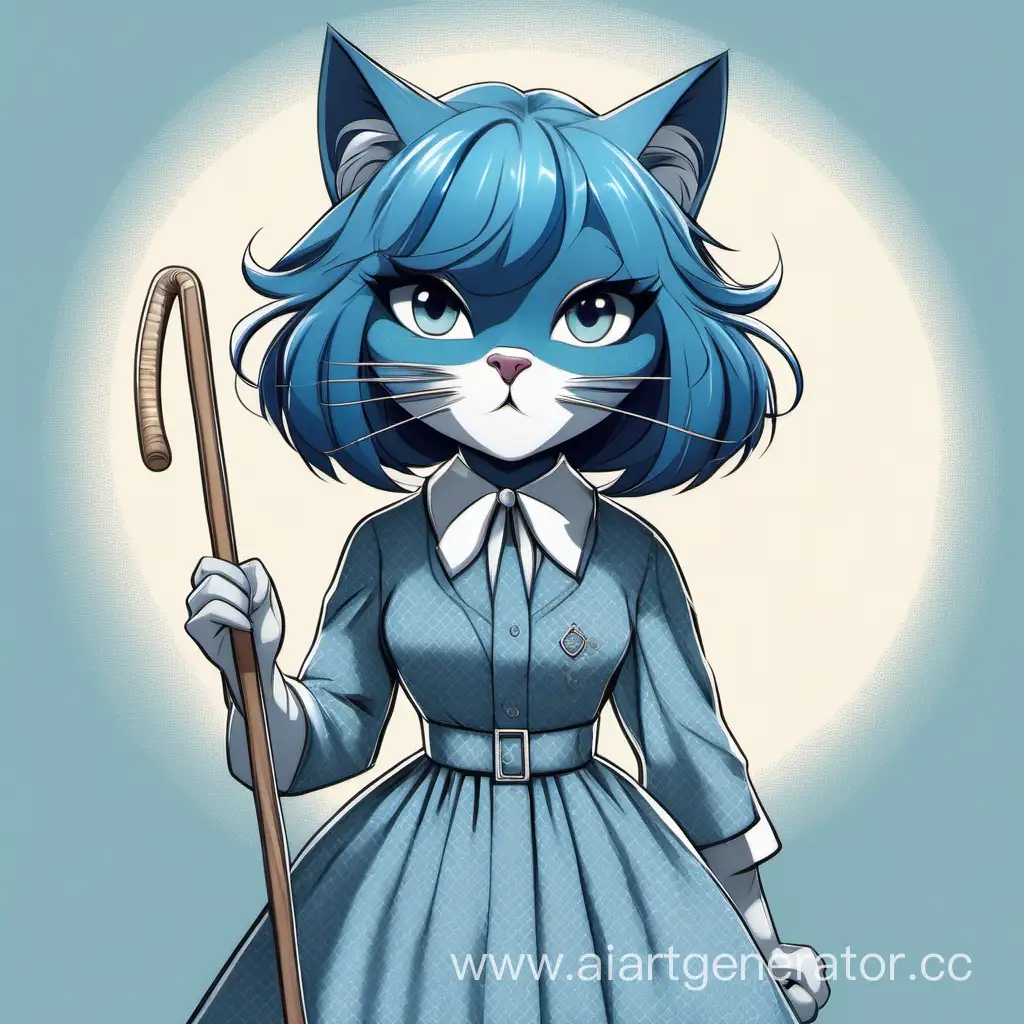 anthropomorphic blue cat, blue hair, bob, bangs covering half the face completely hiding the eyes, wide smile, sharp teeth, blue-gray dress with white patterns and a cane, waist-length portrait