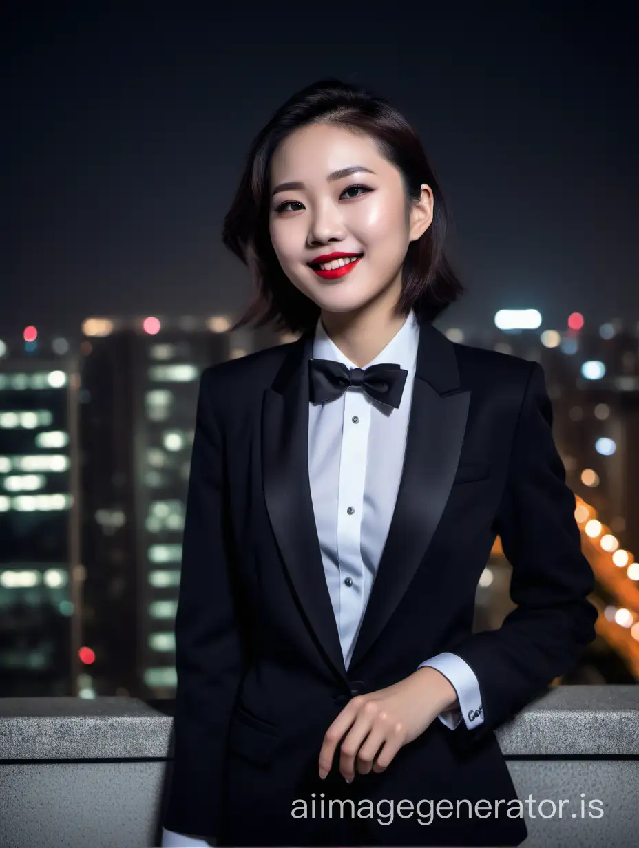 It is night. A cute and sophisticated and confident Chinese woman with shoulder length hair and lipstick.  She is looking over a skyscraper ledge.  She is wearing a black tuxedo with a black jacket.  Her shirt is white with double French cuffs.  Her bowtie is black.  Her cummerbund is black.  Her pants are black.  Her cufflinks are silver.  She is smiling and laughing.  She is relaxed.  Her jacket is open. 