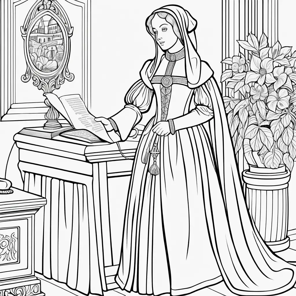 Coloring page with a woman dressed as în 1500
