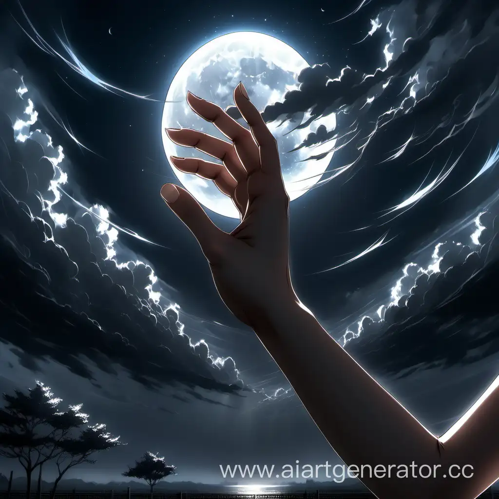 Anime girl stretches her hand to the other hand, hands in the foreground, stormy sky in the background and moon, detail light and shadows, light rays, dark atmospheric lighting, exquisite detail, light effect