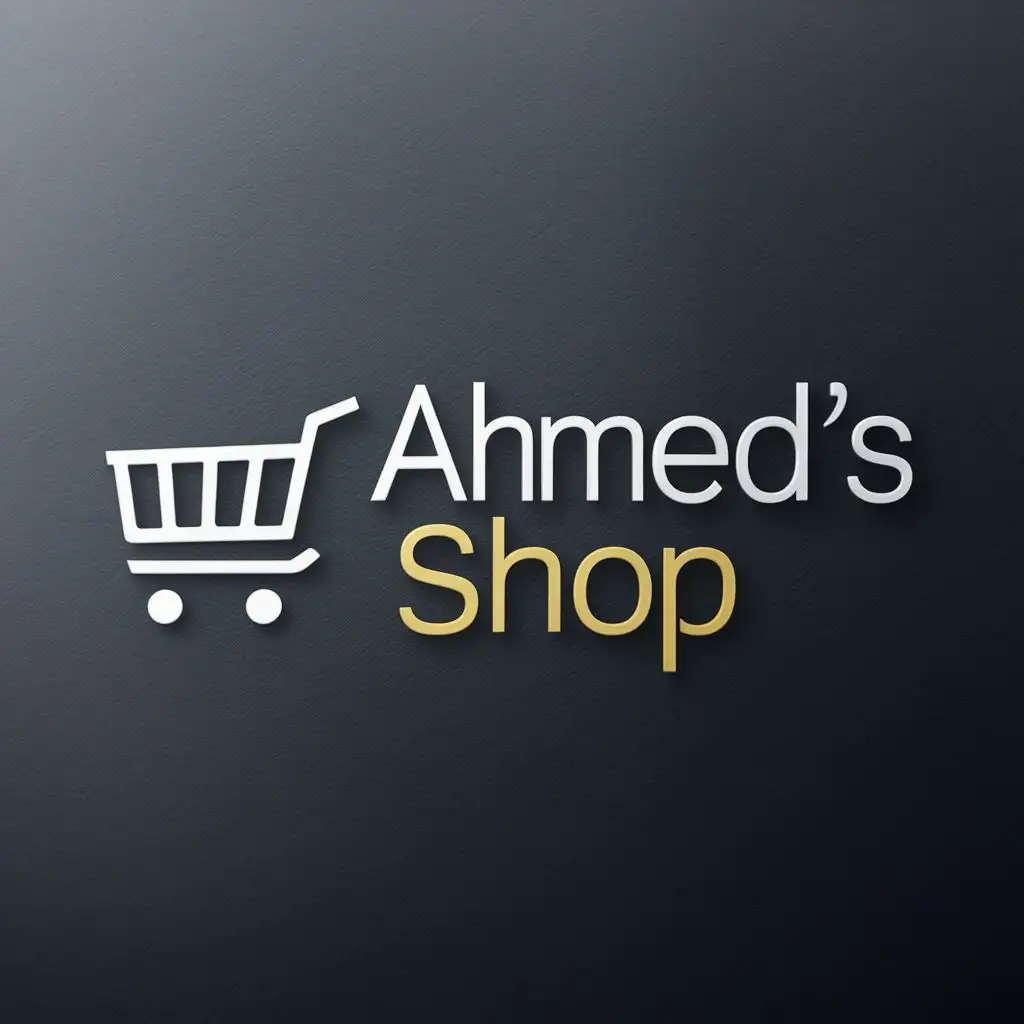 logo, small cart on the left side, with the text "Design a modern and sleek logo for 'Ahmed's Shop', an online business offering a variety of products. The logo should exude sophistication and innovation, drawing inspiration from the iconic design elements of Amazon's logo. Incorporate a small shopping cart icon alongside the business name 'Ahmed's Shop', using a sleek and modern font to add elegance. Experiment with modern color palettes such as muted pastels, sophisticated neutrals, or bold, vibrant hues to create a visually striking design. Ensure the logo is versatile and adaptable for various digital and print mediums, maintaining its impact and appeal across all platforms.", typography
