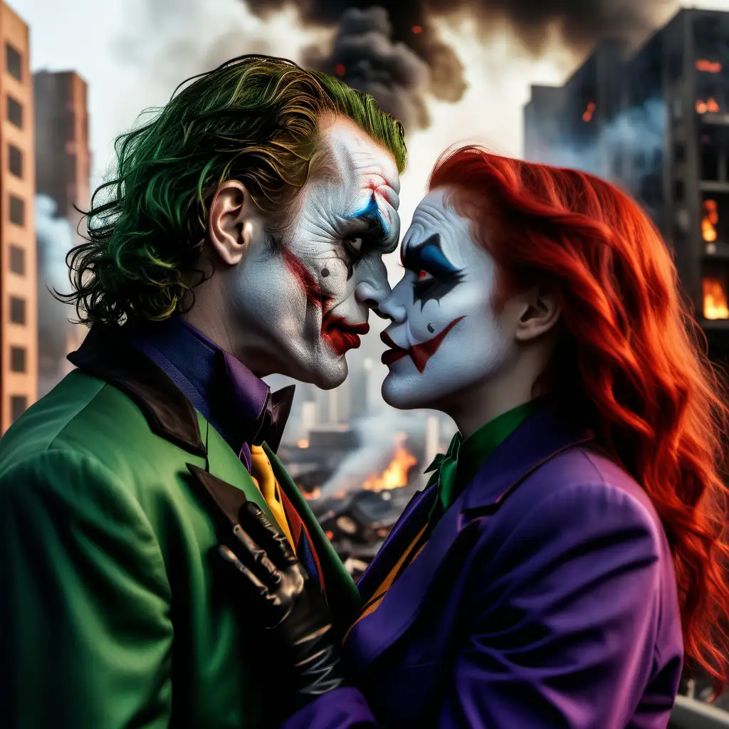 Generuj ultra realistyczne zdjęcie w rozdzielczości 8K, na którym Joker ma czerwone oczy, i czerwone włosy ,całuje Batmana,z tyłu zburzone budynki w ogniu i dym, --v 6