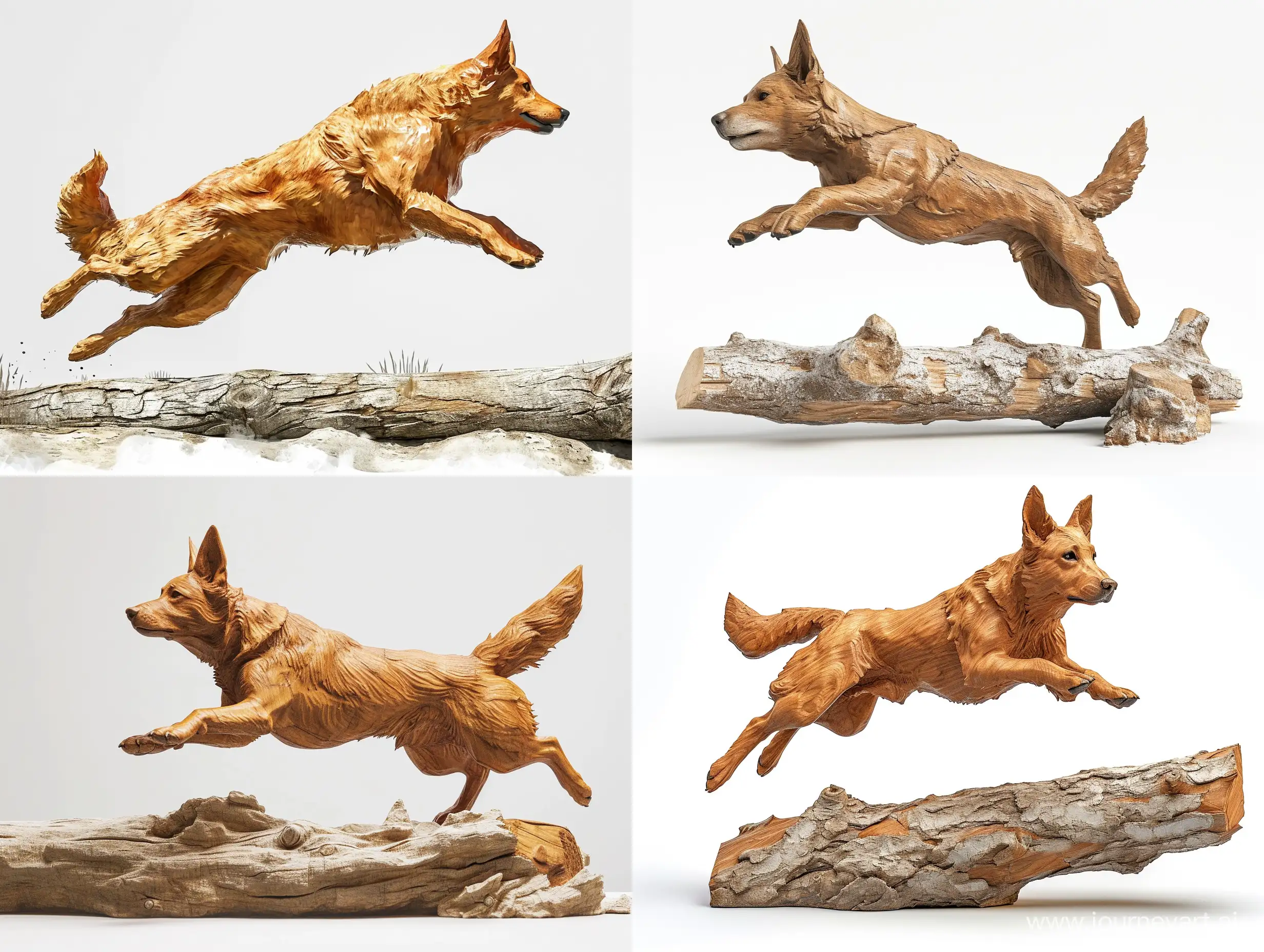 Professional sketch for wooden sculpture, a full-length Deutscher Spitz leap over a log in profile, professional dynamic character, wood carving, white background, 8k Render, ultra realistic