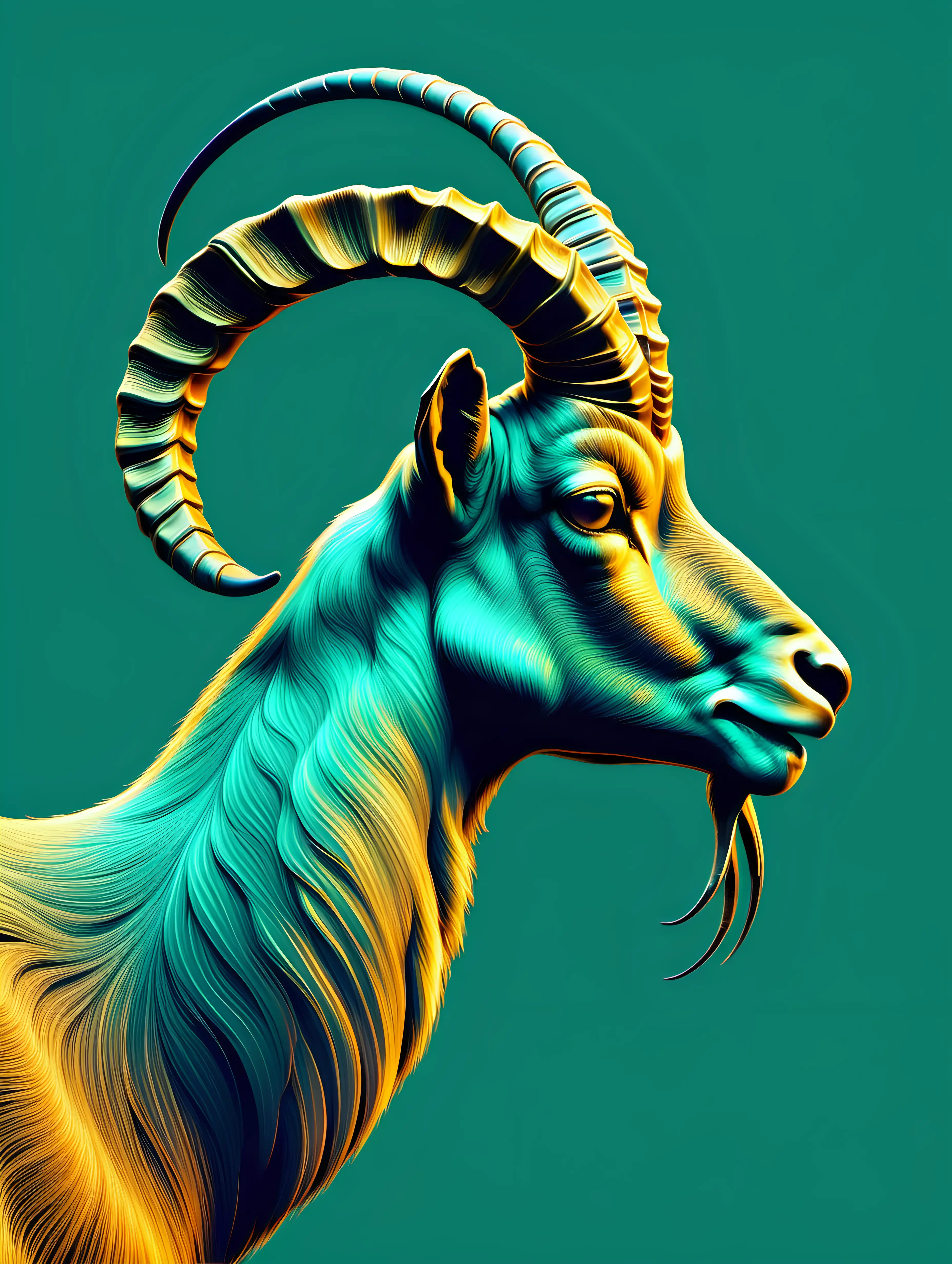 Majestic Golden Ibex Profile on Duck GreenBlue Gradient Background
