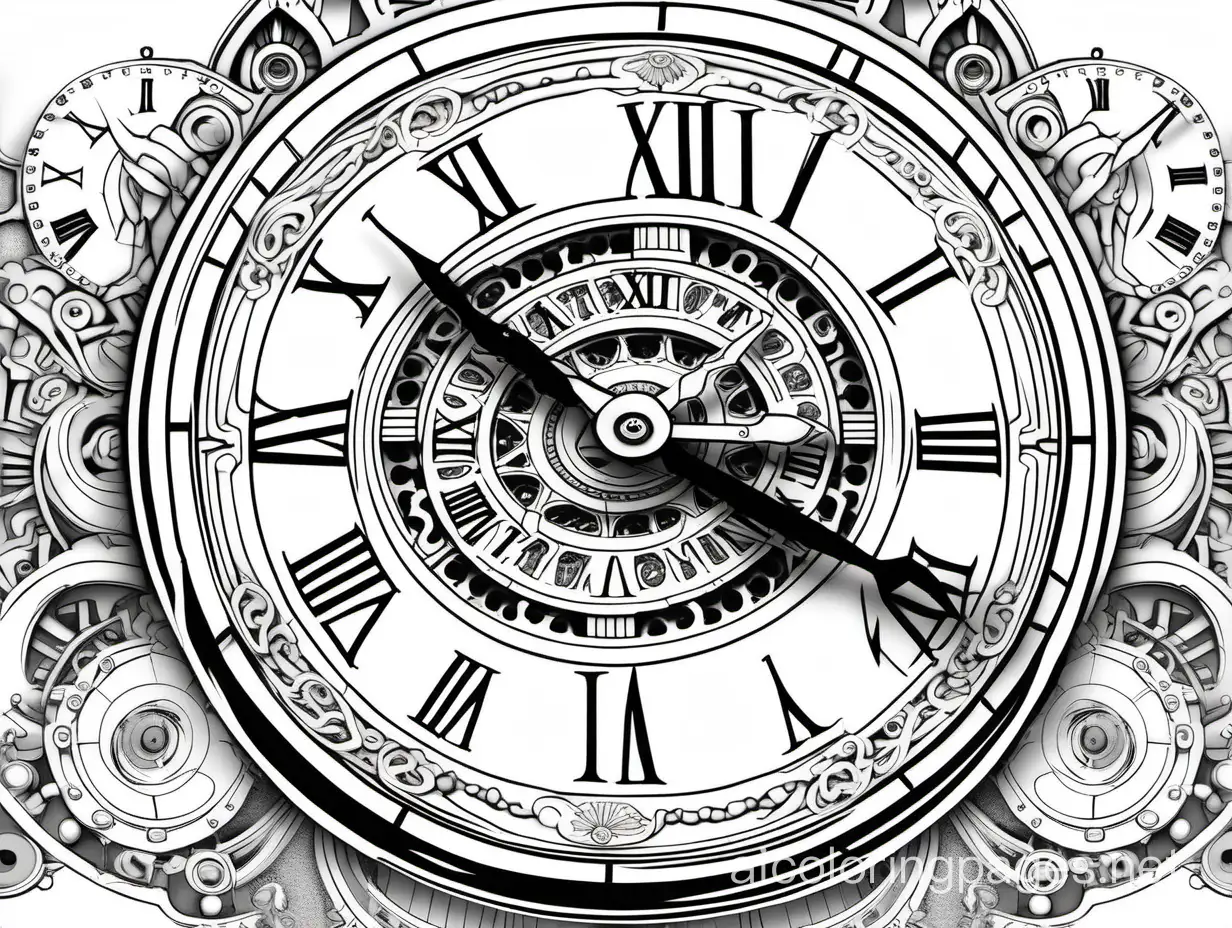 black and white linework, steampunk clockworks, with ((extra large large clock hands)), intricate mechanism, with  Perfect composition golden ratio, masterpiece, best quality, 4k, sharp focus, symetrical border pattern left and right side, Coloring Page, black and white, line art, white background, Simplicity, Ample White Space. The background of the coloring page is plain white to make it easy for young children to color within the lines. The outlines of all the subjects are easy to distinguish, making it simple for kids to color without too much difficulty