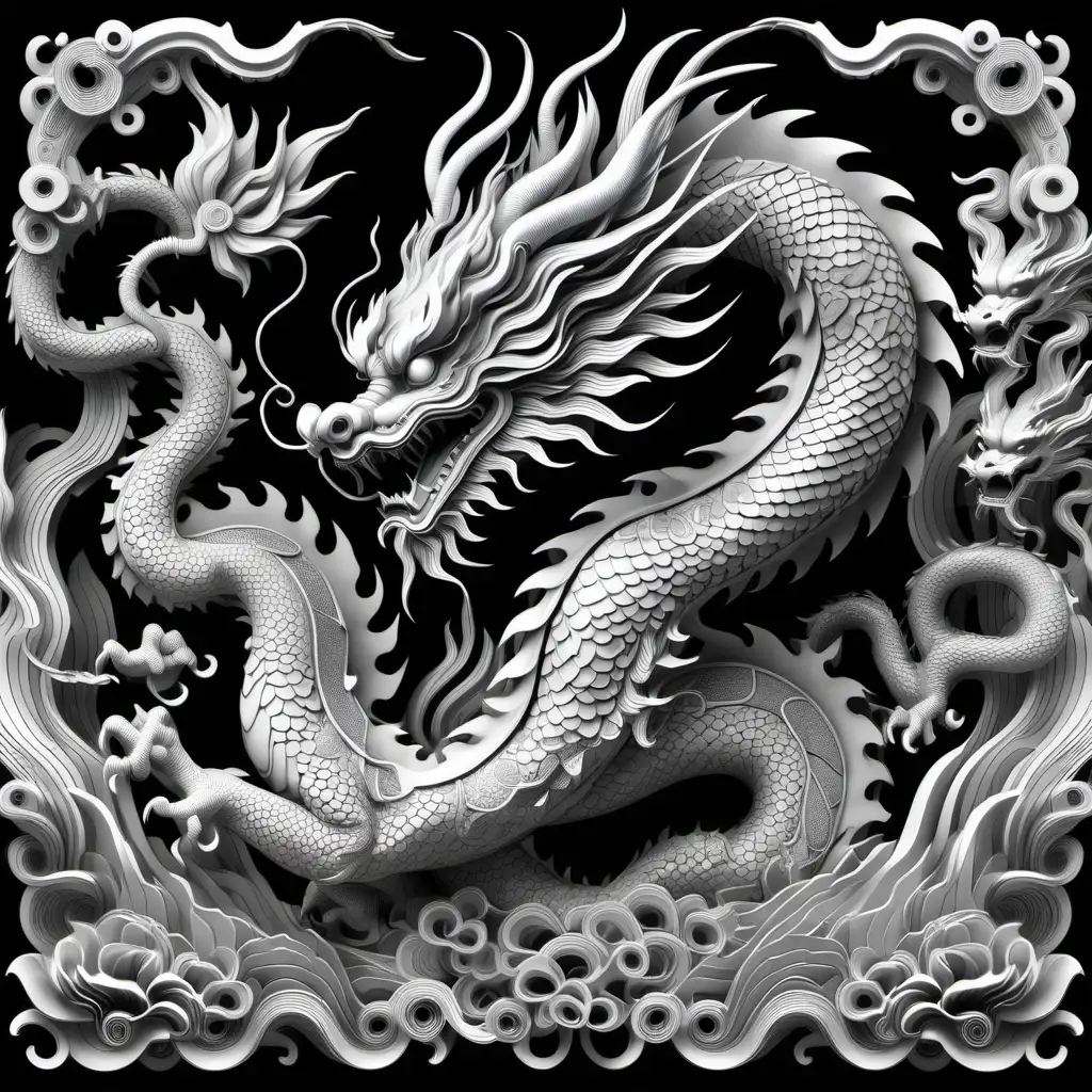 adult coloring book, black and white. Illustrated, dark lined, no shading, Highly detailed. 3d illustration of Chinese dragon inspired by Zang Daqian.