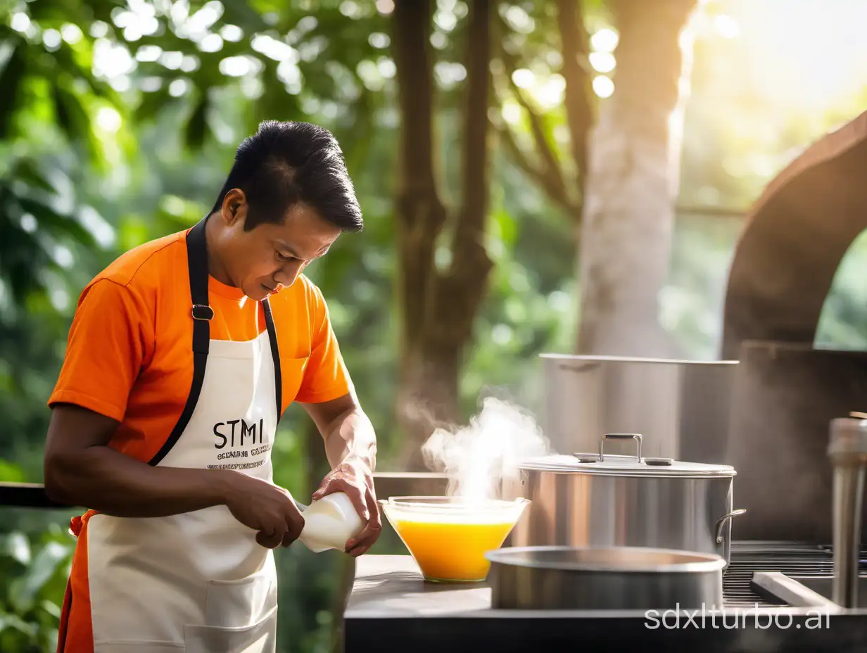 an Indonesian male bartender, orange t-shirt, apron that says "STMJ KAFFAH" is cooking milk in a modern outdoor kitchen, beautiful forest background with charming sunlight, Shot on Canon 6d, Iso : 1200, sS 1/400, F -4.5