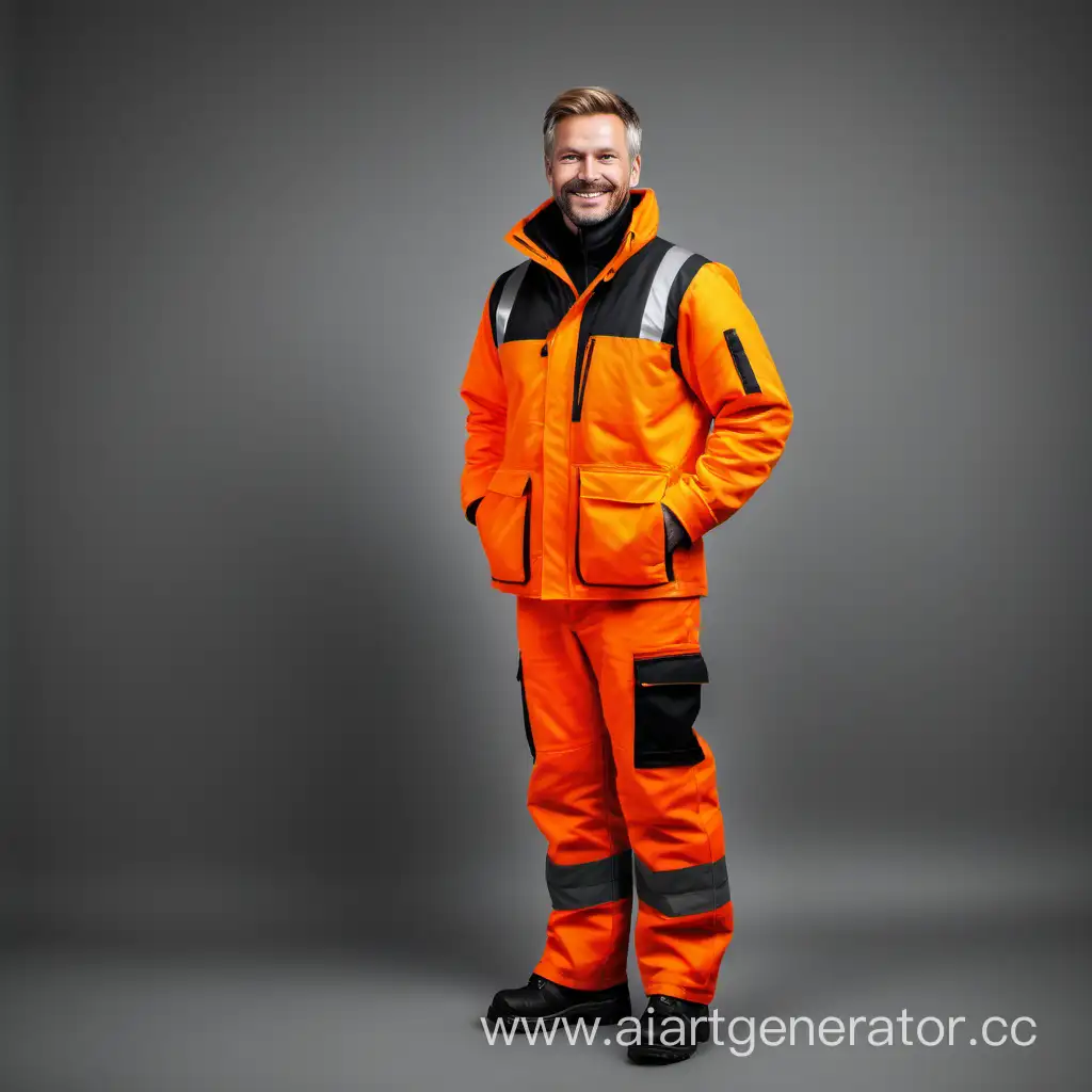 Smiling-Man-in-Stylish-Scandinavian-Workwear-Black-and-Orange-FullLength-View