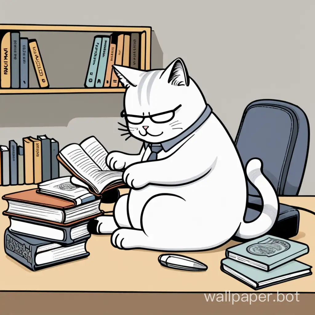 Comic cheese cat, slouching at a desk, reading a book