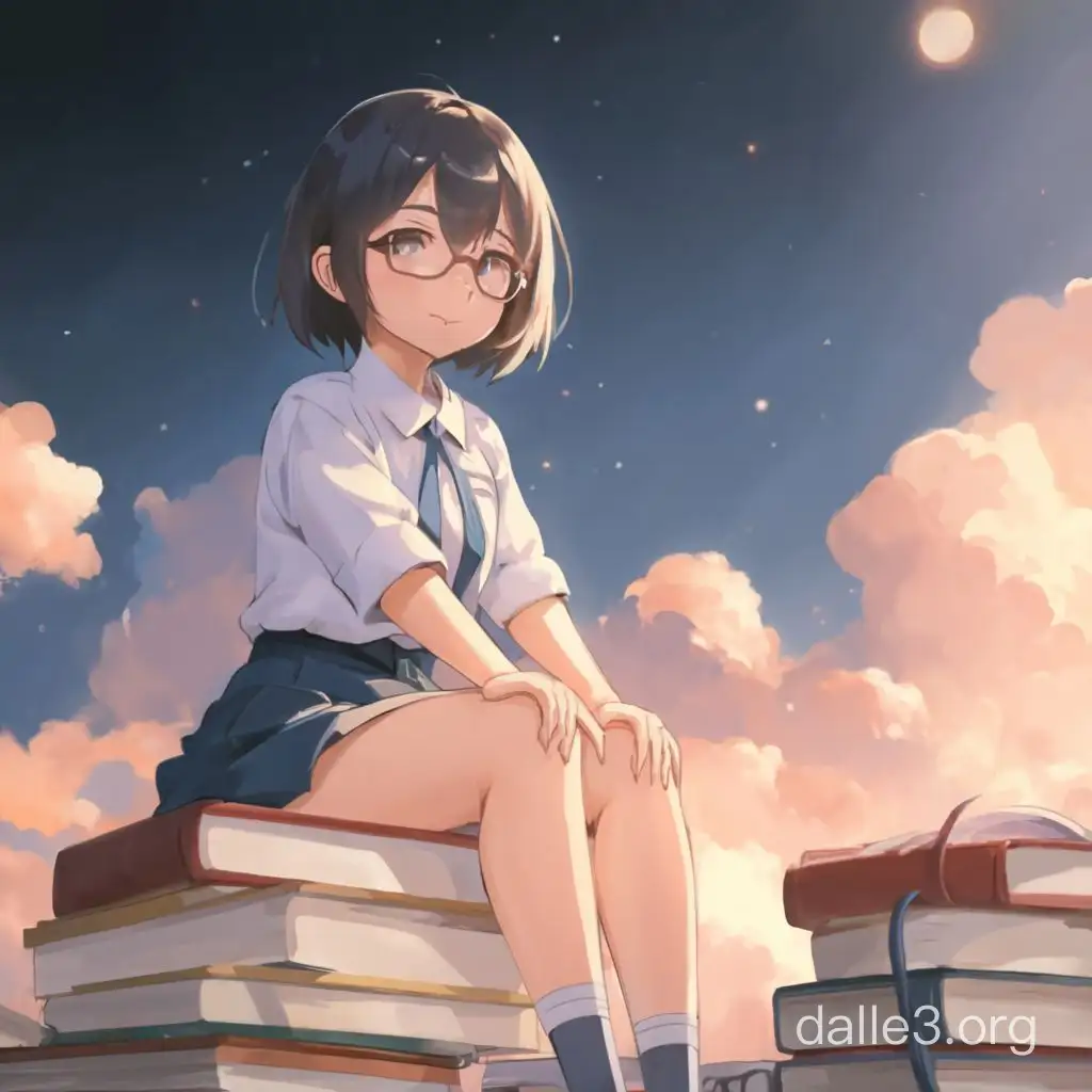 Девушка с каре в очках сидит на горе книг и смотрит в даль рисунок аниме 
