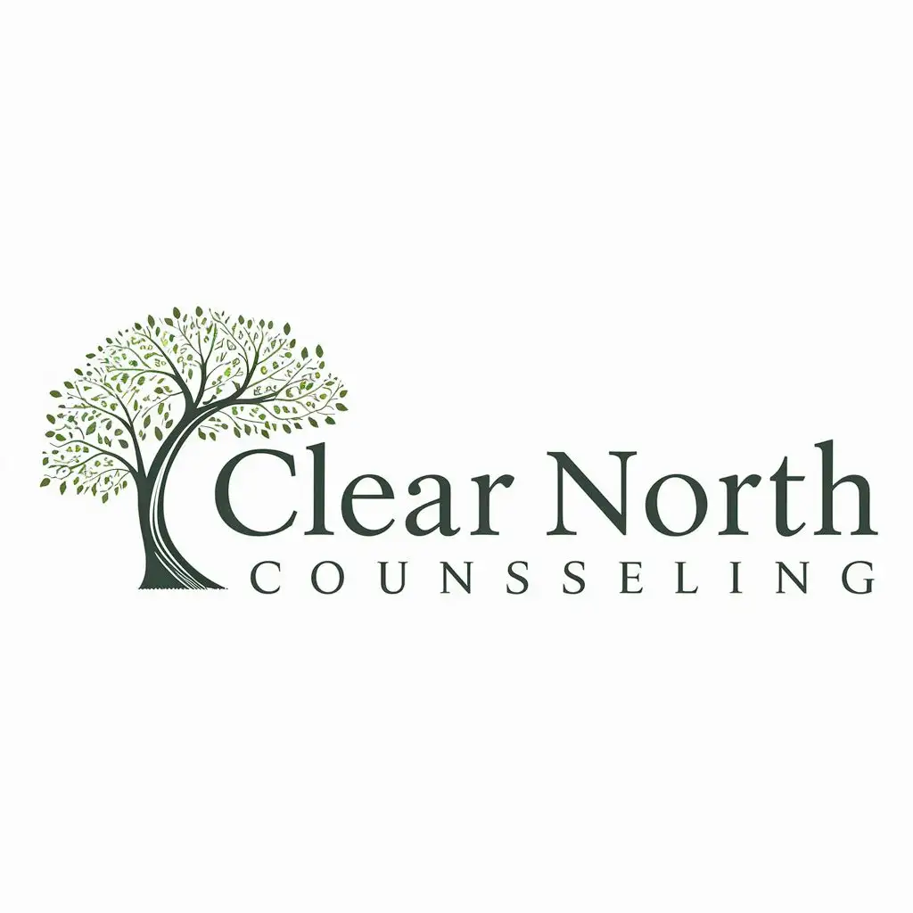 logo, Curved tree to the left of the text, with the text "Clear North Counseling", typography, correct spelling, dark green leaves on tree, same green for the text