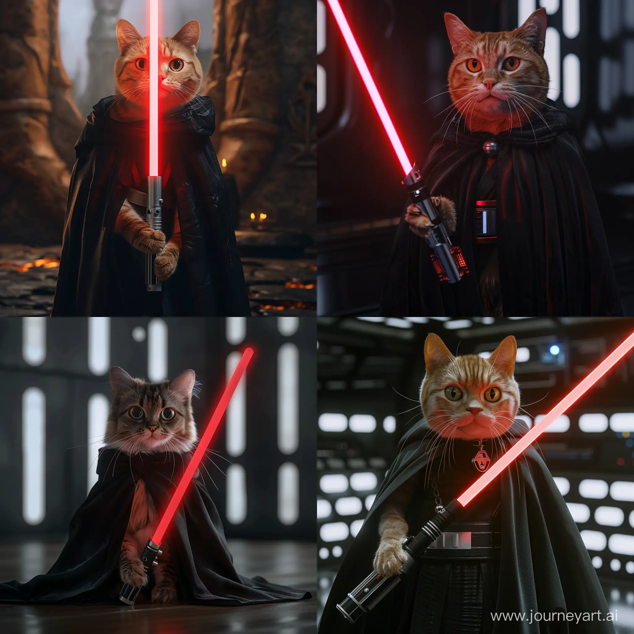 cat with a red lightsaber, stands in a black cloak,look in the camera, realistic graphics 4k